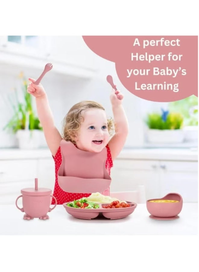 Silicone baby feeding set, weaning supplies, includes suction cups and divided plates, adjustable bib, baby utensils, spoons, forks and cup - great toys for babies (burgundy) - Image 3